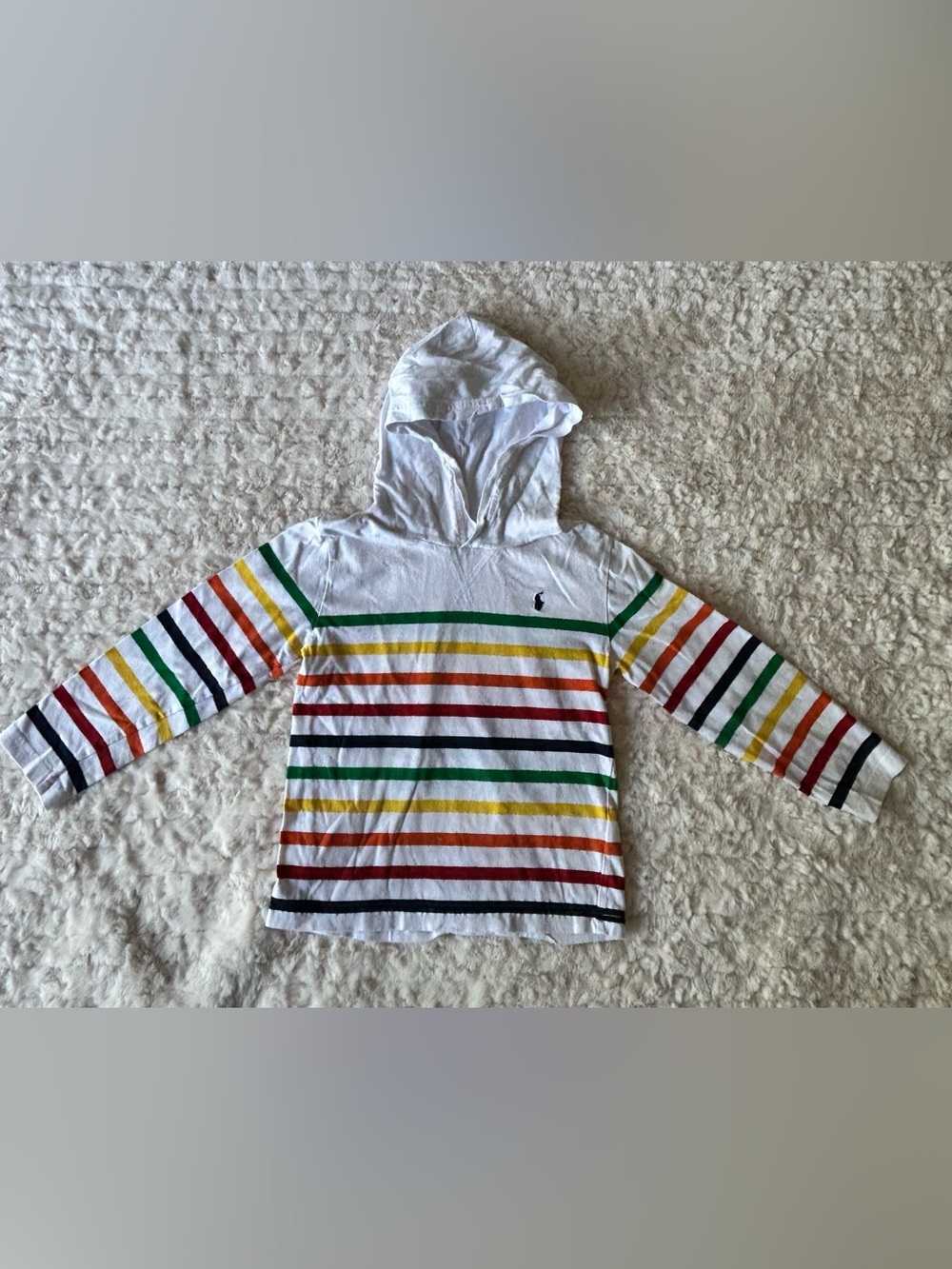 Ralph Lauren White Hooded Kids Top with Rainbow Stripes